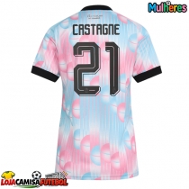 Camisa de Futebol Bélgica Timothy Castagne #21 Equipamento Secundário Mulheres Mundo 2026 Manga Curta